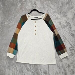 Heimish USA Women 2X Plaid Patchwork Sleeve Button Up Top Plus Size Henley Shirt